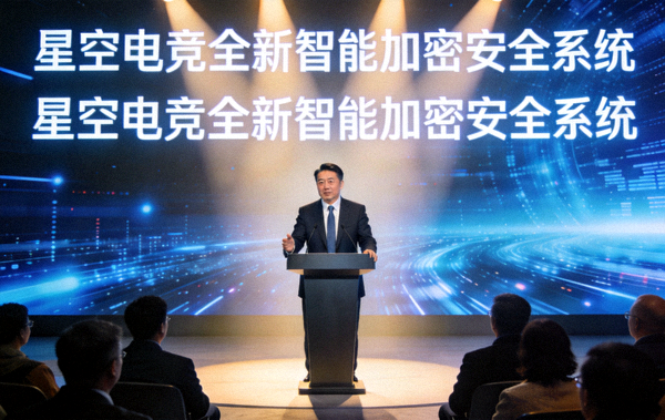 星空电竞全新智能加密安全系统发布会现场照片，高层正在演讲背景大屏