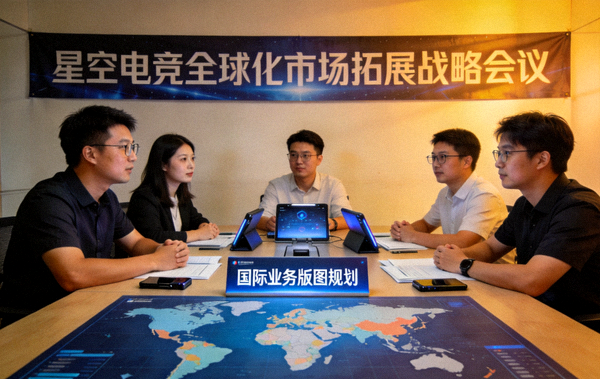 星空电竞全球化市场拓展战略会议照片，团队正在讨论国际业务版图规划