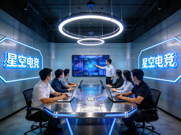 星空电竞总部科技感办公室内团队协作的场景照片，展示品牌专业实力